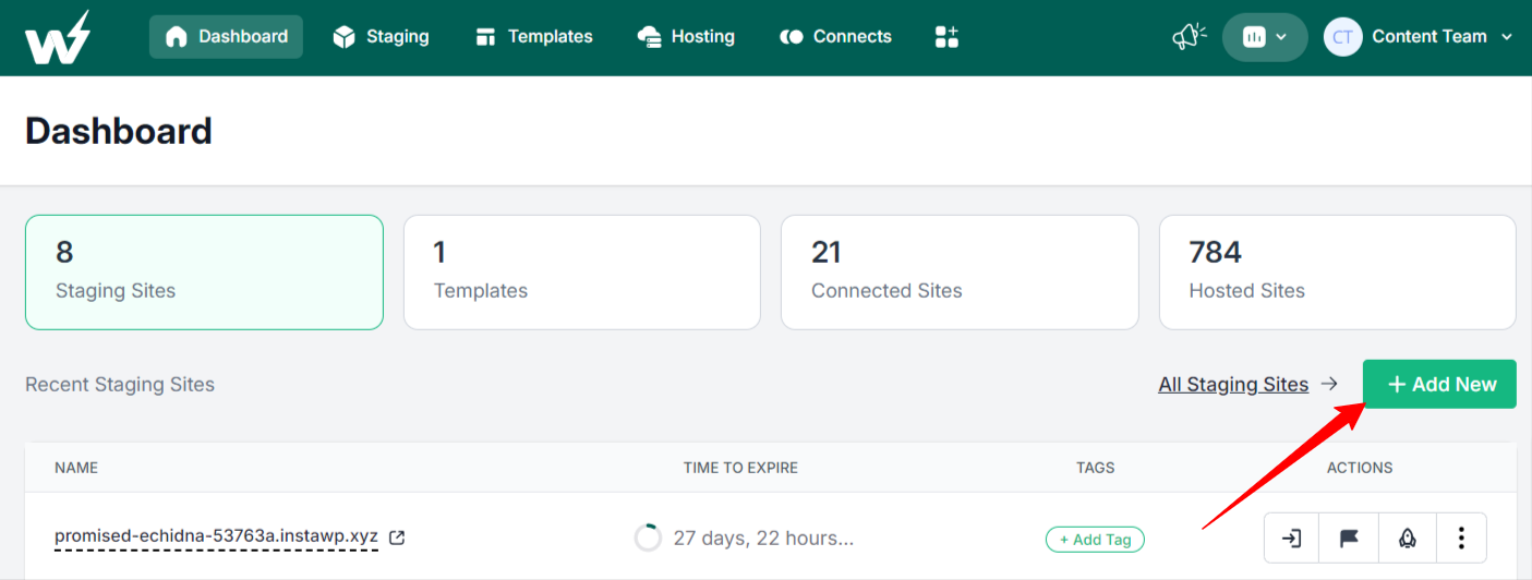 InstaWP dashboard accessed to add new staging site. 