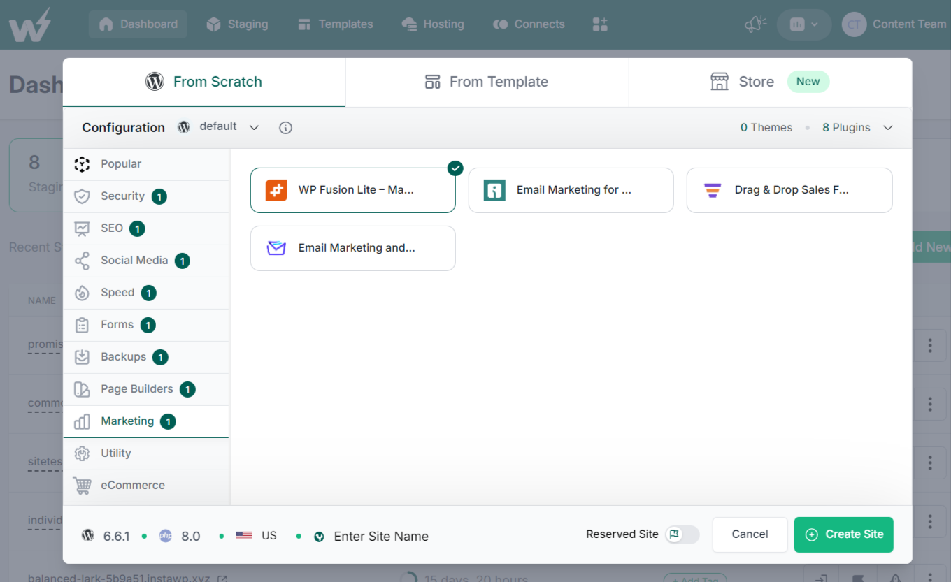Building a staging site from scratch by selecting required plugins and themes. 