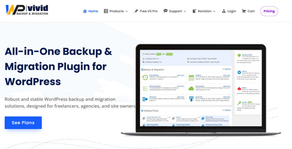 Screenshot of the WPvivid Backup & Migration plugin website showing features and an invitation to see plans.