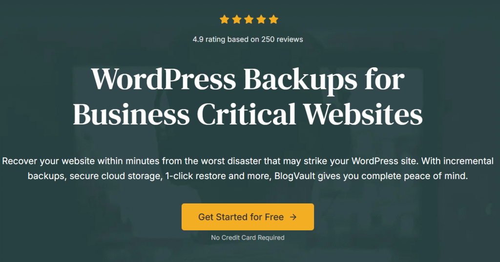 A dark-themed promotional image for WordPress backup services featuring a five-star rating, service highlights, and a call-to-action button for a free start.