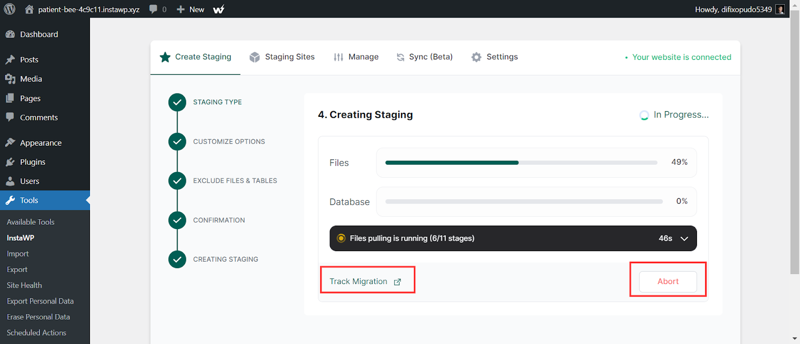 InstaWP staging site created