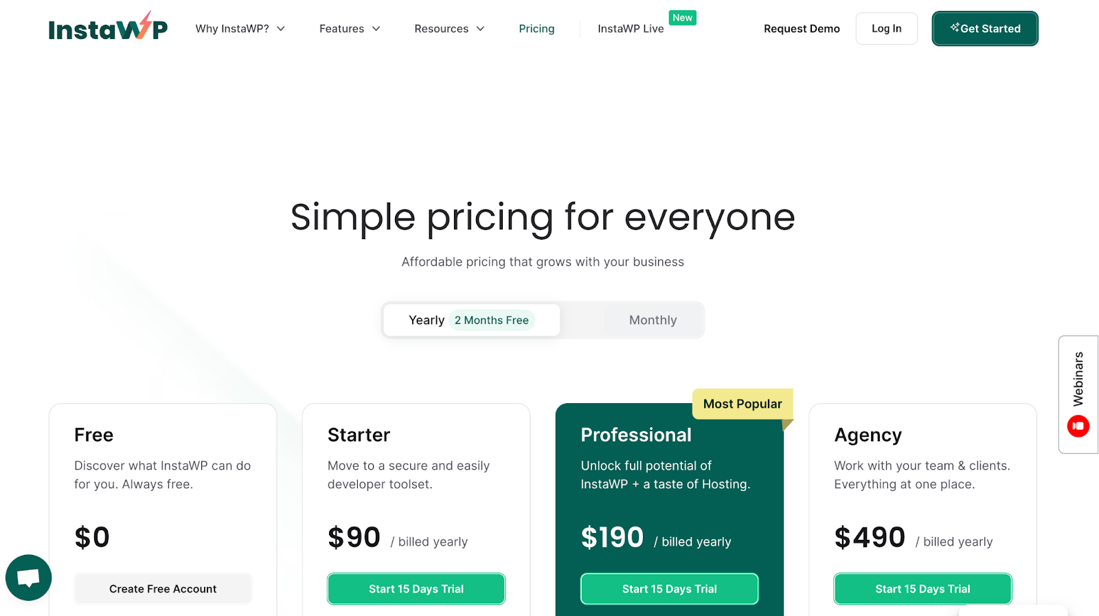 InstaWP Pricing Screen InstaWP Pricing Screen