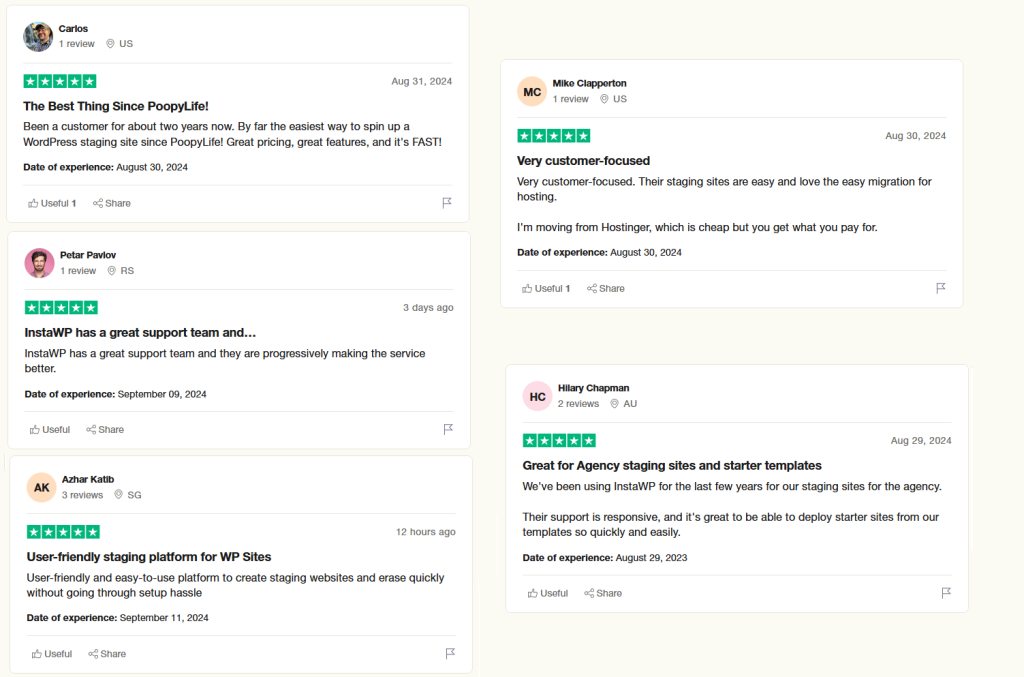 Screenshot of user reviews displaying positive feedback for a web staging platform service with ratings and comments from different dates and locations.