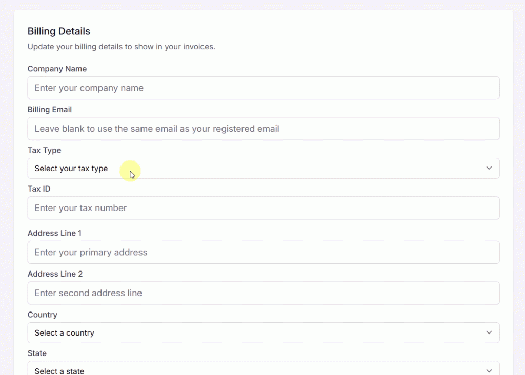 Country name field (Billing > Tax Type) A screenshot of an online form for updating billing details with fields for company name, billing email, tax type, and address.