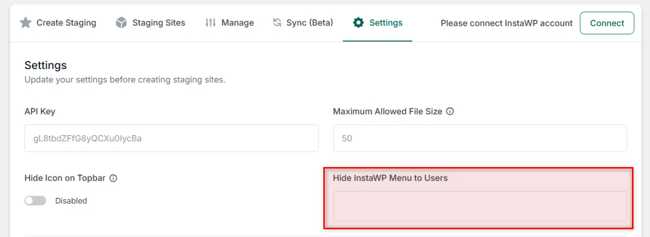 Option to hide InstaWP menu for selected users Option to hide InstaWP menu for selected users