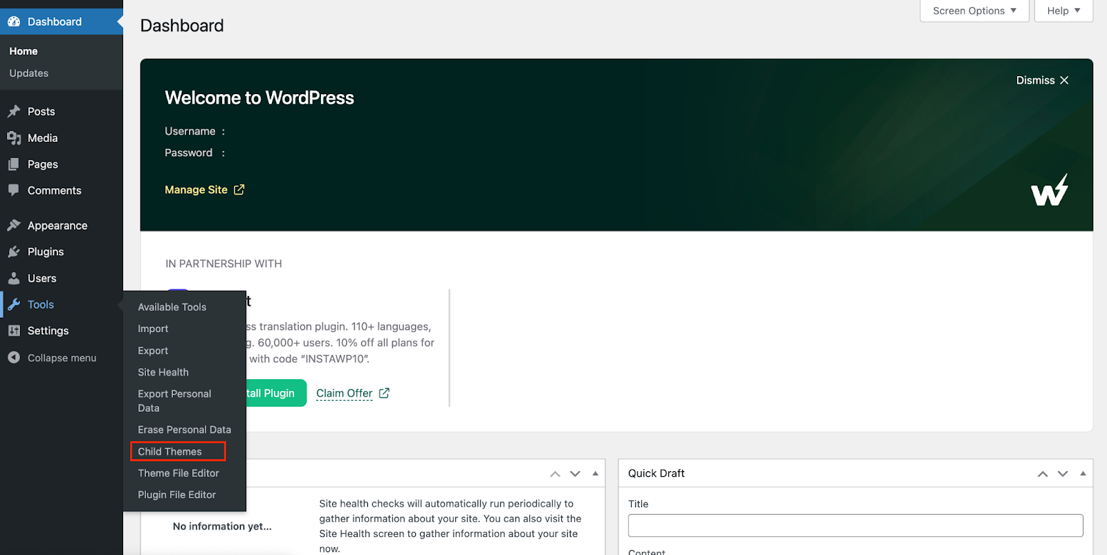 Child theme in WP dashboard