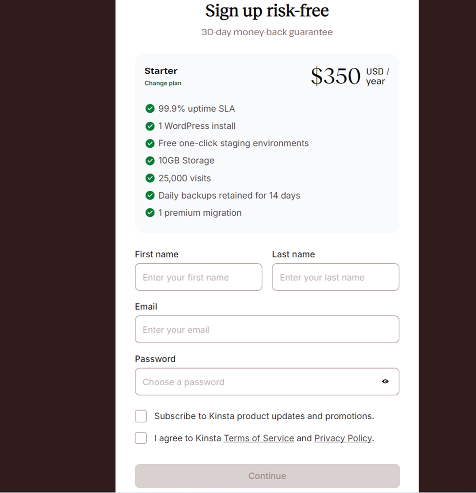 Creating free Kinsta account