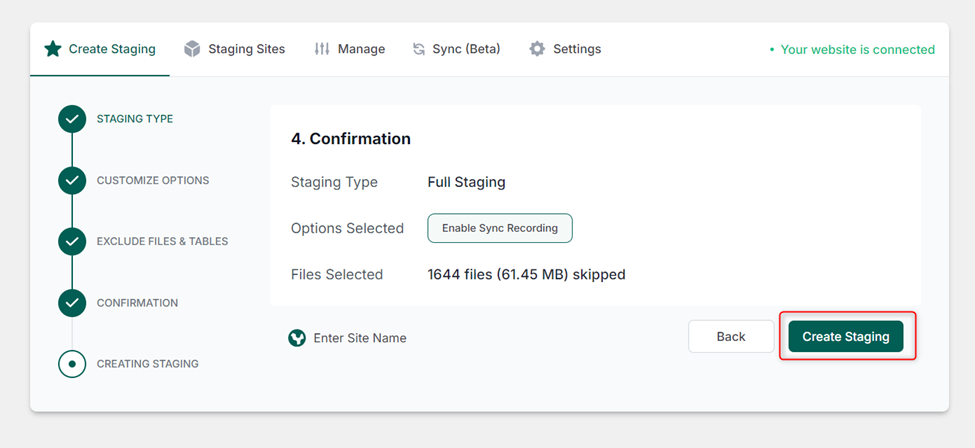 Click Create Staging button 