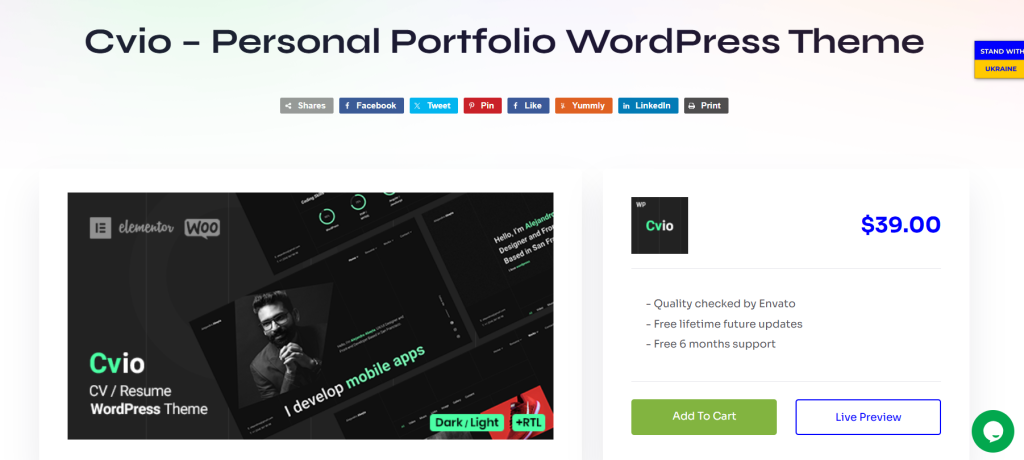 Cvio Perosoanl Portfolio WordPress Theme Screenshot of Cvio - Personal Portfolio WordPress Theme website page, featuring theme pricing and features.