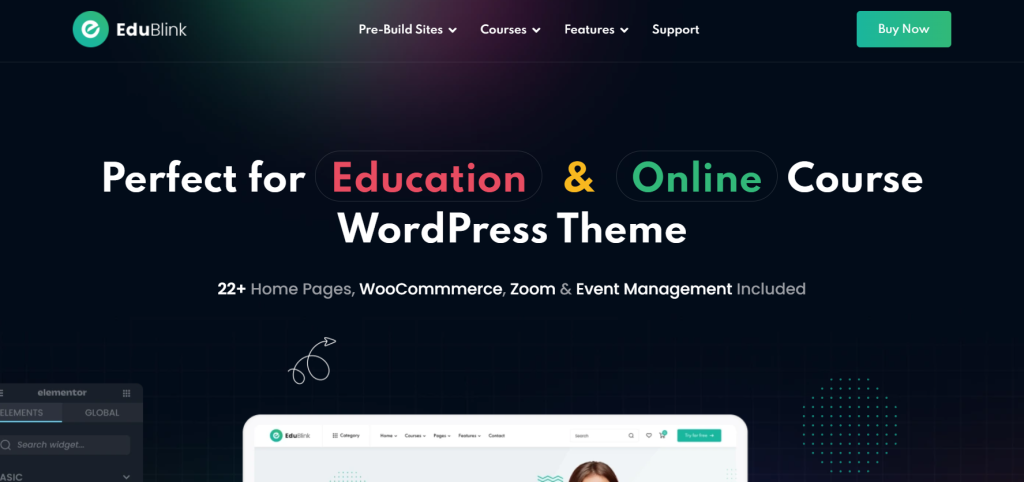 Screenshot of the EduBlink website header promoting an education and online course WordPress theme, featuring a menu and a call to action button.