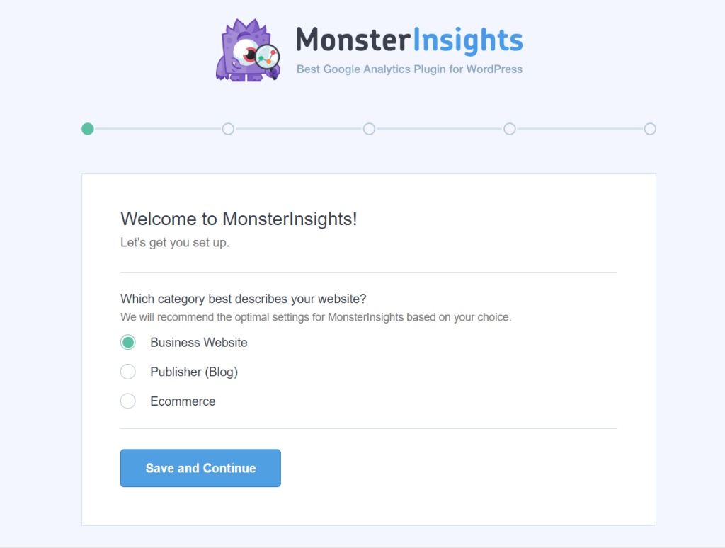 Screenshot of a setup screen for MonsterInsights, prompting the user to select a website category with options such as Business Website, Publisher (Blog), and Ecommerce.