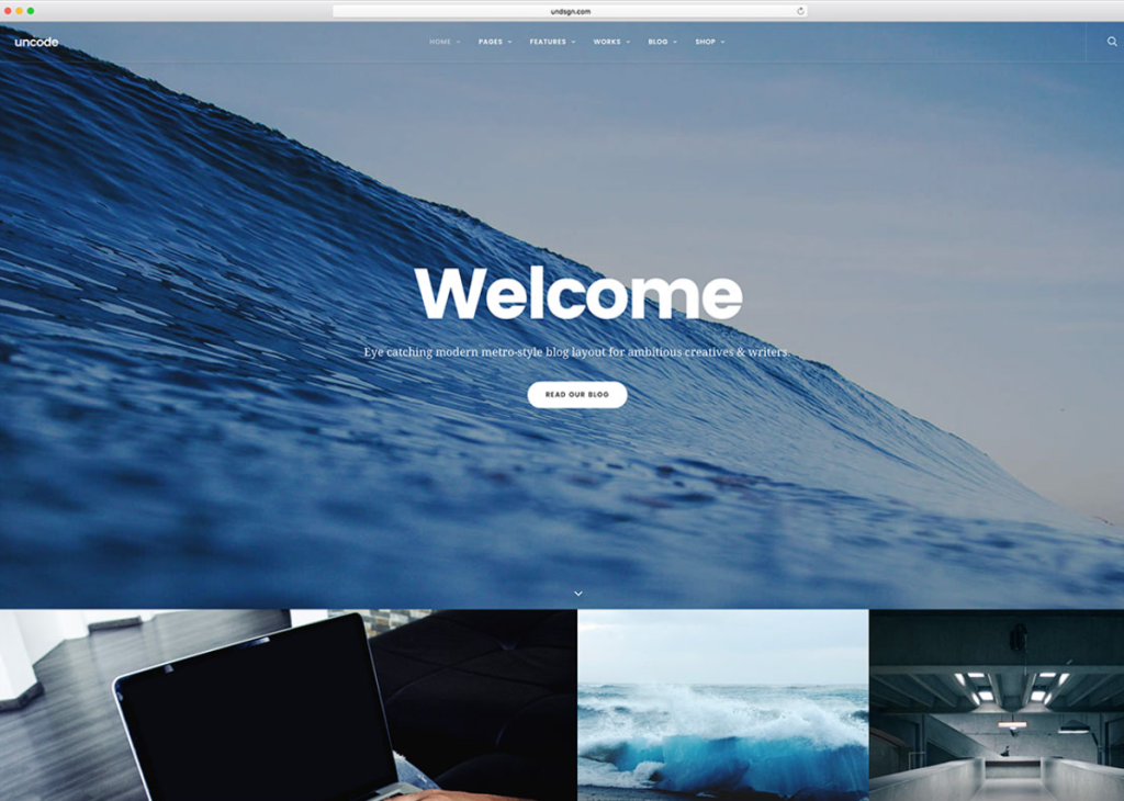 Screenshot of a webpage with an ocean wave background and the word "Welcome" displayed prominently, alongside smaller images below showing a laptop, a wave, and a modern hallway.