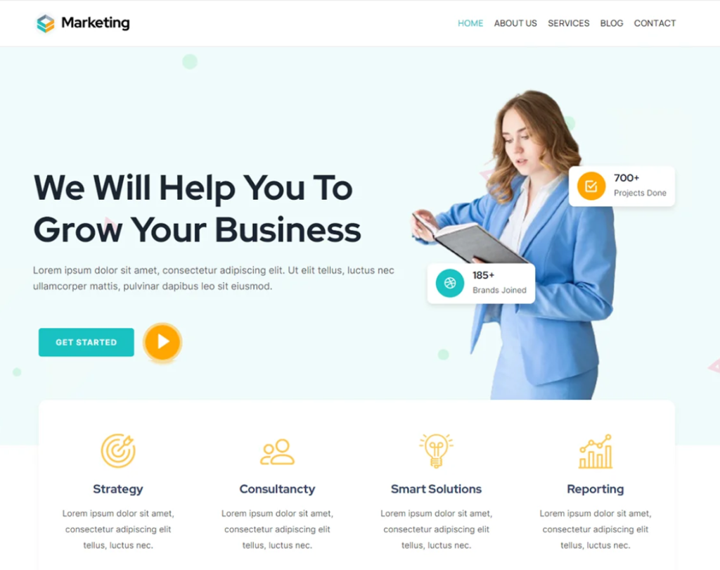 A woman in a business suit holding a tablet on a marketing agency website landing page, with text offering business growth services and statistics such as projects done and brands joined.