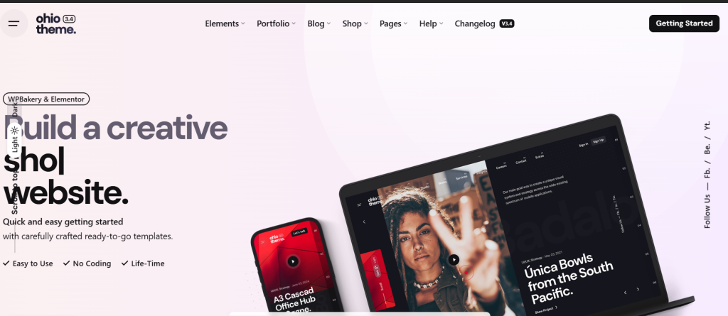 Screenshot of Ohio Theme website layout showcasing a creative school website template on multiple digital devices.