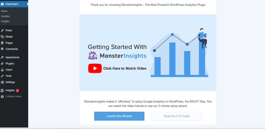 Screenshot of a WordPress dashboard highlighting the MonsterInsights plugin page, featuring a 'Getting Started' section with an illustrative graph and an invitation to watch a tutorial video.