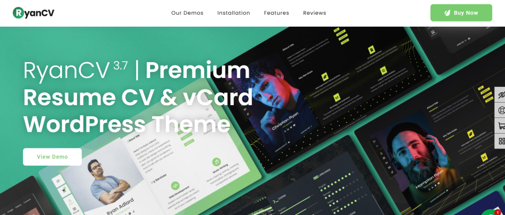 RyanCV Resume WP Theme Screenshot of RyanCV theme homepage displaying features of the premium Resume CV & vCard WordPress Theme with 'Buy Now' button.