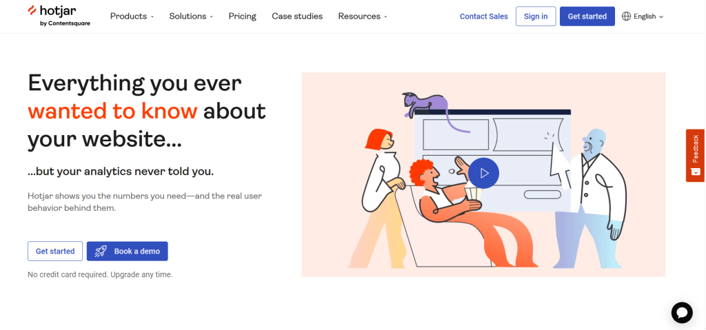 Illustration on a web analytics service's website featuring a cartoon of two people interacting with a large computer screen, with playful elements like a cat on the screen's top and a person wearing a chef hat.