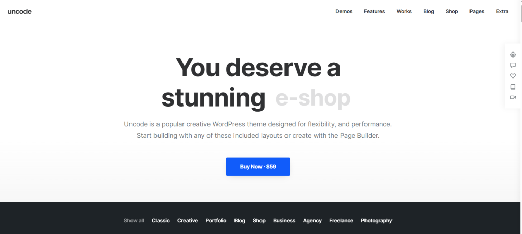 Uncode WP Theme Screenshot of a website theme promotion with the headline "You deserve a stunning e-shop" and a call to action button offering to buy the theme for $59.