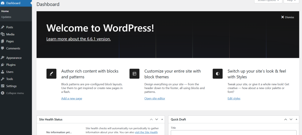 Screenshot of a WordPress website dashboard showing menu options and welcome message alongside features for authoring content, customizing site themes, and site health status.