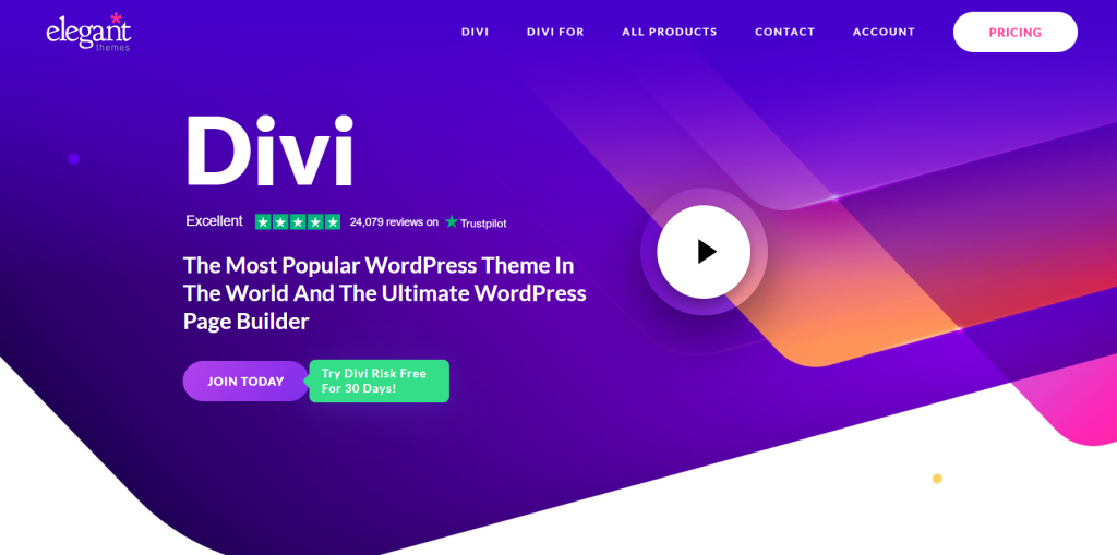 Divi WordPress Theme home page Screenshot of the Divi Theme homepage showcasing its popularity and features with a call-to-action button and video play icon.