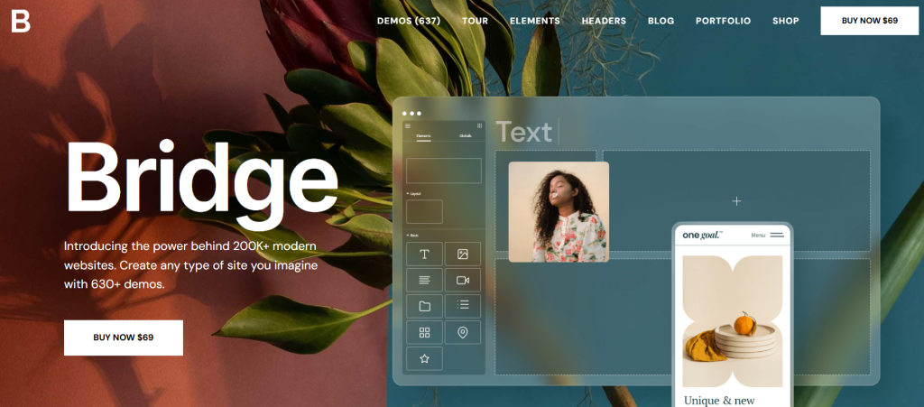 Bridge WP theme Screenshot of 'Bridge' website design platform homepage with a floral background and overlaying website building interface elements.