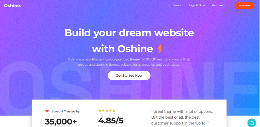 OShine WP theme A website promotional banner for the Oshine WordPress theme, highlighting the tagline "Build your dream website with Oshine", user testimonials, and a customer satisfaction rating.
