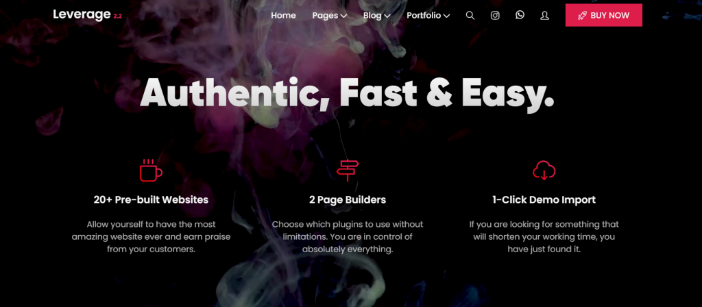 Leverage 2.2 WordPress Theme Screenshot of a web page advertising a product "Leverage 2.2" with a dark background and colorful smoke, featuring text "Authentic, Fast & Easy" and information about pre-built websites, page builders, and demo import.