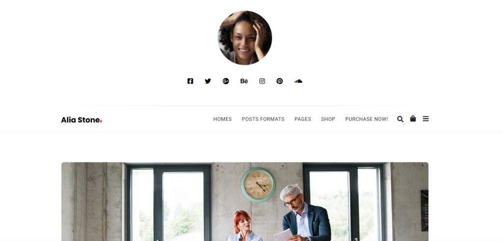 Alia WP Theme Screenshot of a professional blog homepage featuring the blog owner's photo with social icons and menu options such as Homes, Posts Formats, Pages and Shop.