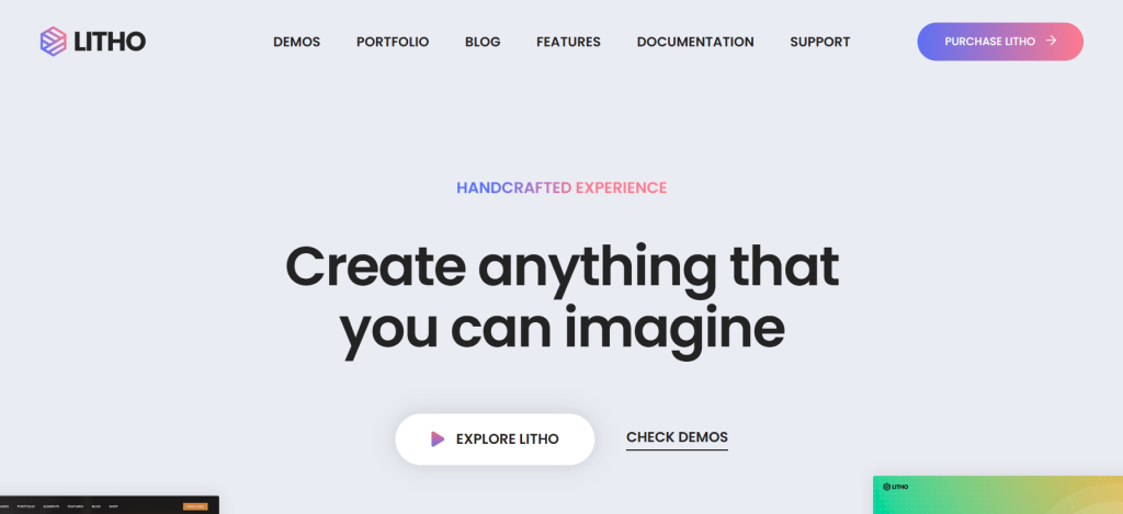 Screenshot of the Litho theme homepage featuring the slogan "Create anything that you can imagine" with navigation menus and call-to-action buttons.