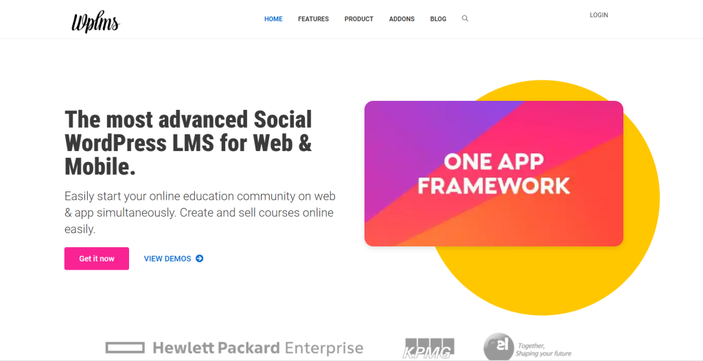 Screenshot of a web page advertising "The most advanced Social WordPress LMS for Web & Mobile", featuring a call-to-action button and colorful graphic elements.