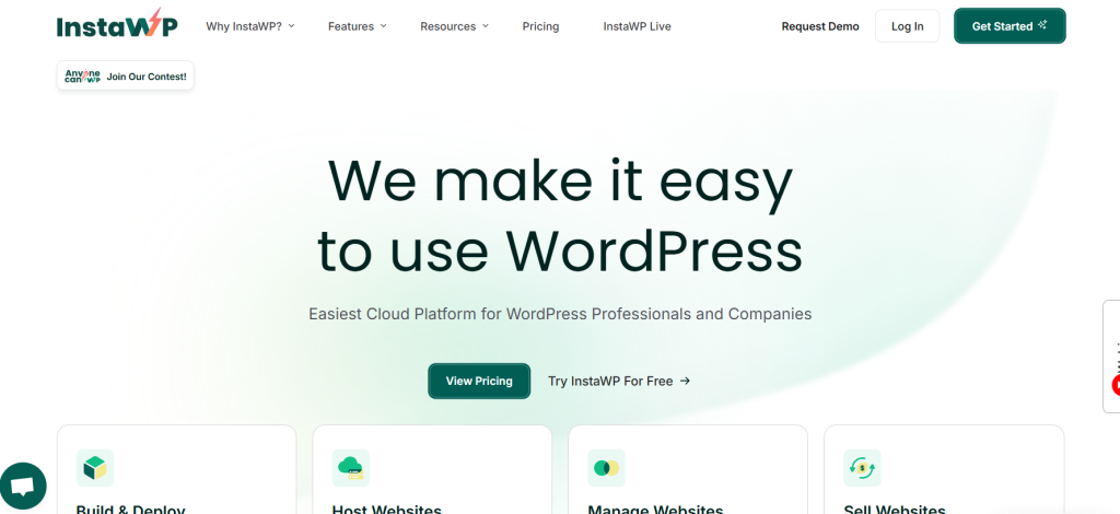 Screenshot of the InstaWP homepage, featuring the slogan "We make it easy to use WordPress" and buttons for pricing and a free trial.