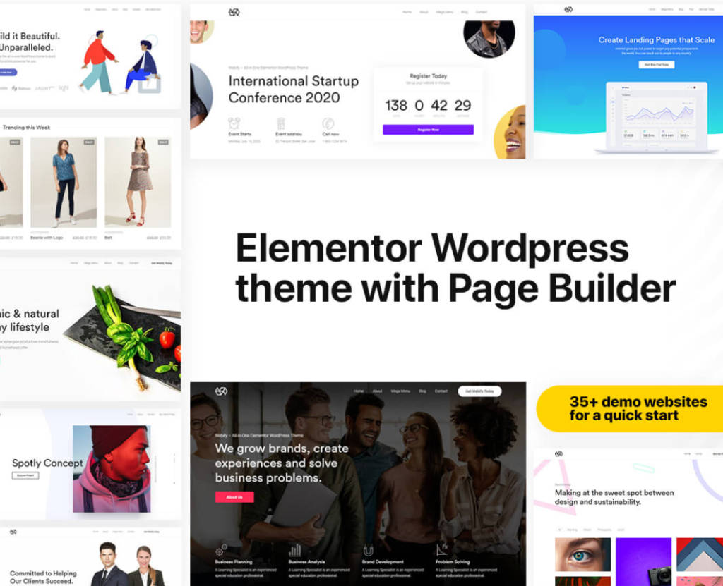 A collage showing various web design templates for different websites, including a prominent feature of Elementor WordPress theme with Page Builder.