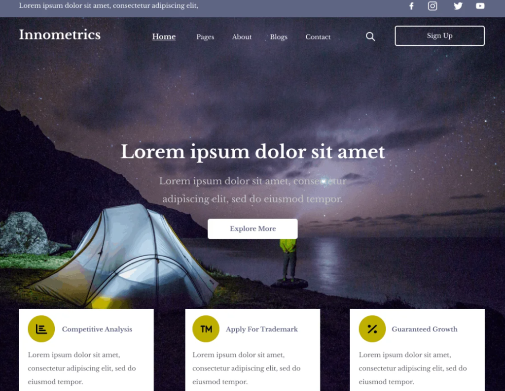 A screenshot of a website with an image of a camping scene at night under a starry sky, featuring a tent and a person standing with a light by the seashore.