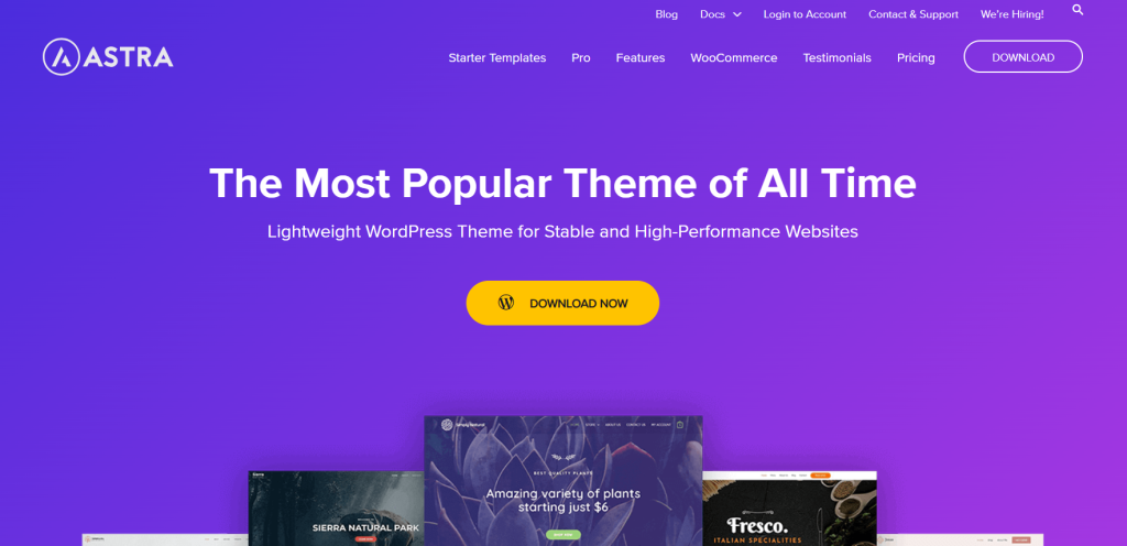 Screenshot of Astra's website featuring the headline "The Most Popular Theme of All Time" with a call-to-action button to download the theme.