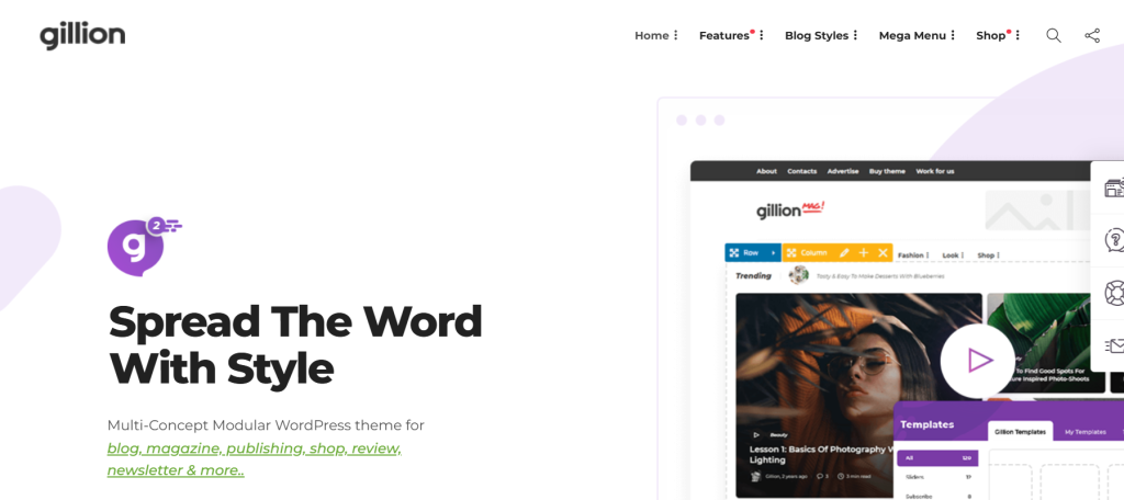Gillion WP Theme Screenshot of the Gillion WordPress theme homepage showcasing its features and stylish design.