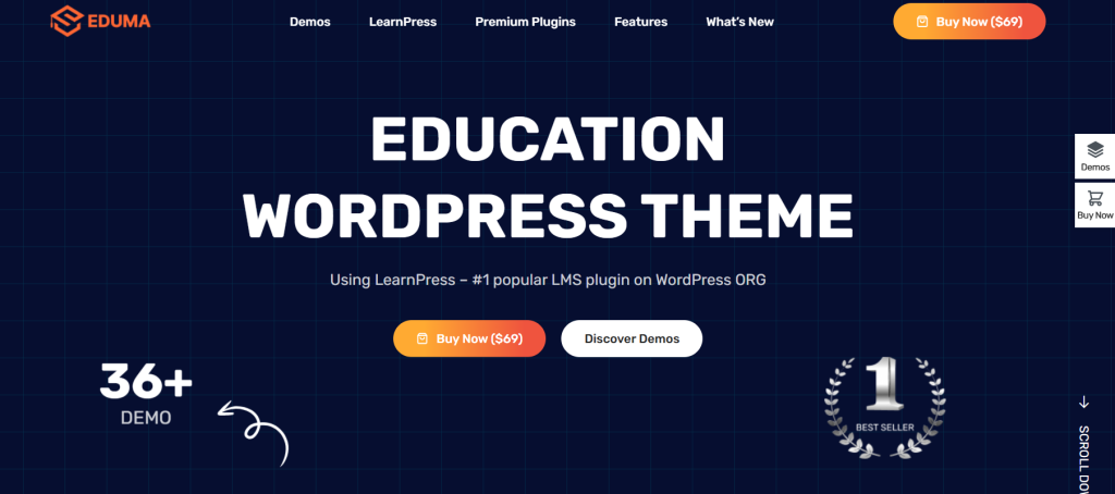 Banner image showcasing Eduma Education WordPress Theme with a $69 purchase button, information about using LearnPress, number of demos available, and a best seller badge.