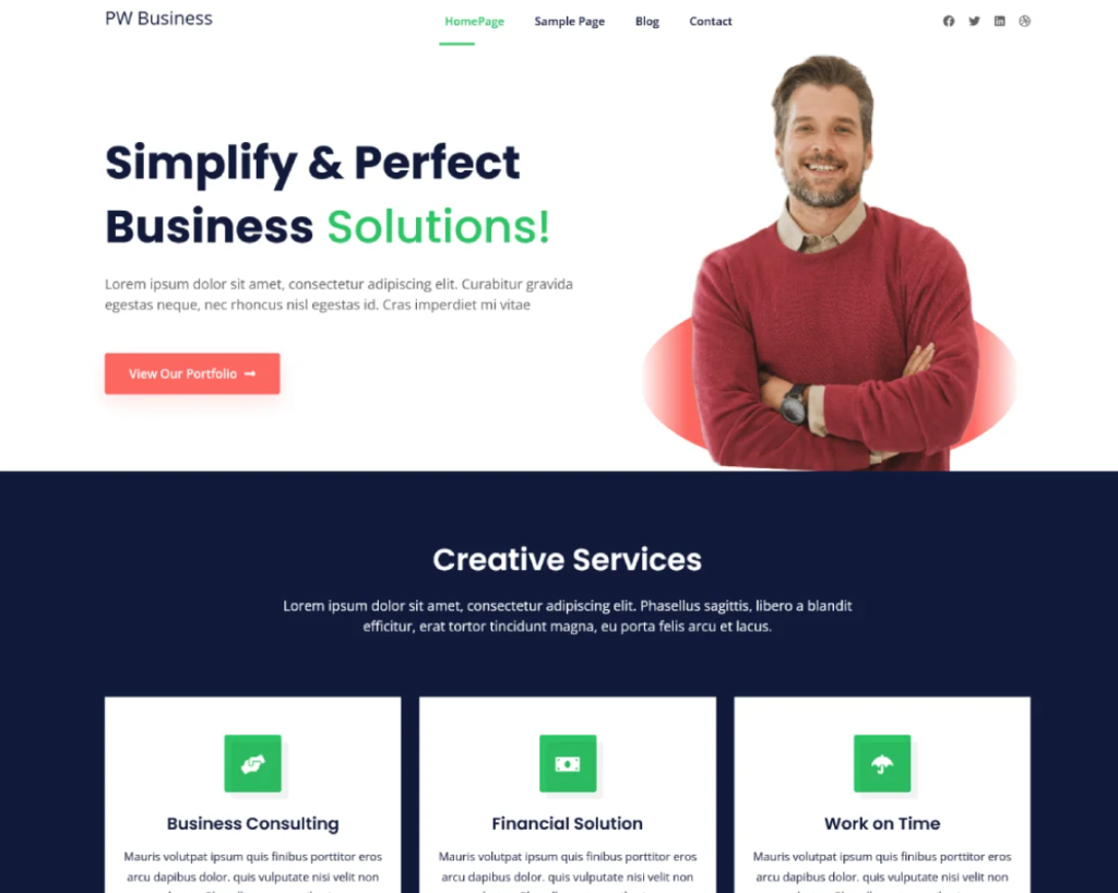 Screenshot of a business website homepage featuring a smiling man in casual business attire, with sections for business solutions, creative services, and navigation links.