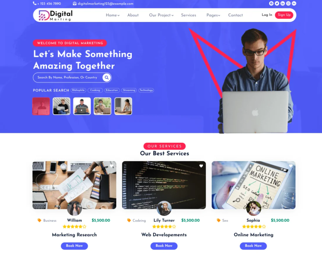 A screenshot of a digital marketing website's homepage featuring navigation menus, a search bar, and sections for popular searches and showcasing services with images and pricing. A person is visible in the background working on a laptop.