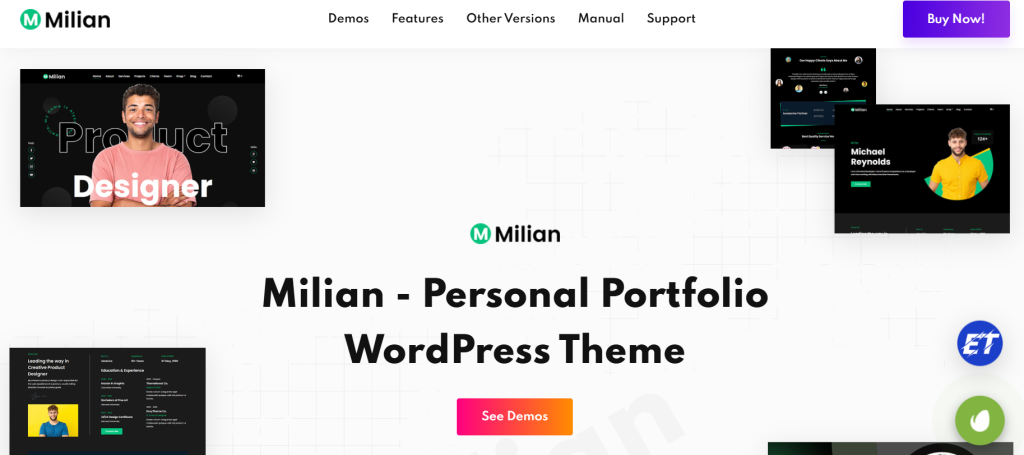 Milia WP Theme Screenshot of the Milian personal portfolio WordPress theme website with features and demos visible, including images of individuals representing portfolio examples.