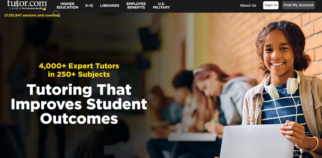 A young student with headphones around her neck smiling at the camera, with other focused students in the background and promotional text about tutoring services on a website.
