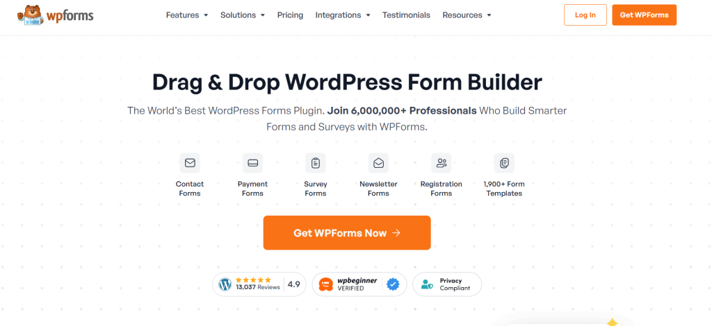 Screenshot of the WPForms website showcasing the drag and drop WordPress form builder with a call-to-action button and various form options such as contact, payment, and survey forms.