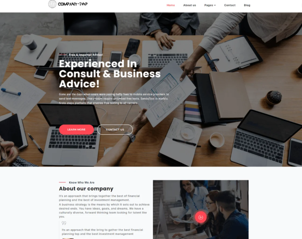 A screenshot of a business consultancy website with a team collaborating over documents and laptops.