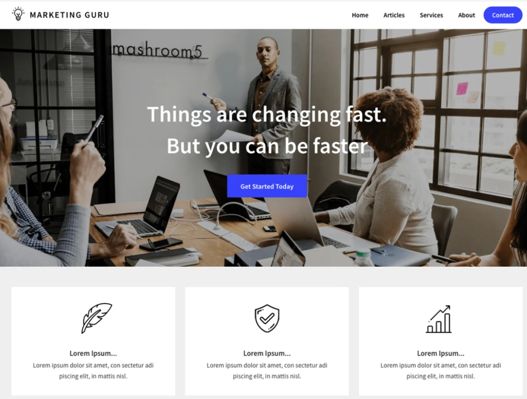 An interactive web page from "MARKETING GURU" depicting a marketing team in a meeting, with text overlay reading "Things are changing fast. But you can be faster", and call-to-action button "Get Started Today".