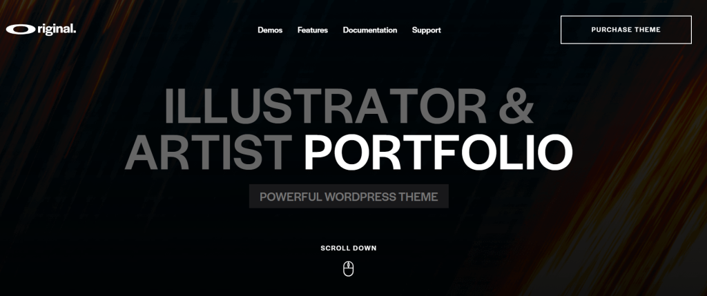 Screenshot of a website landing page with the text 'Illustrator & Artist Portfolio' and 'Powerful WordPress Theme', a menu bar at the top, and an invitation to scroll down.