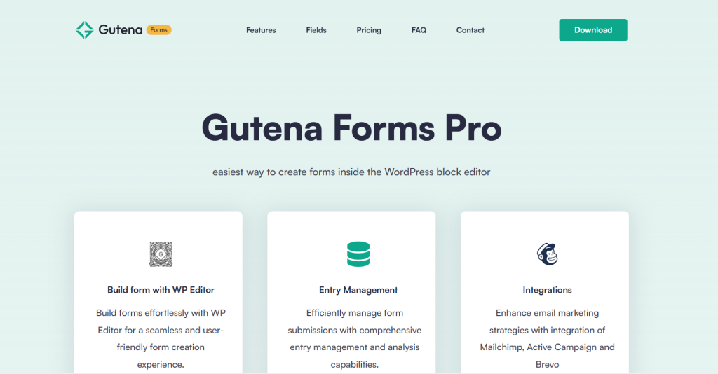 Gutena WordPress theme Screenshot of the 'Gutena Forms Pro' webpage showcasing key features such as form building with WP Editor, Entry Management, and Integrations