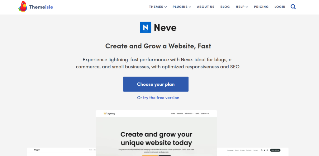 Screenshot of the Themeisle website featuring the Neve theme with a call to action to choose a plan or try the free version, highlighting the theme's benefits for creating and growing a website quickly.