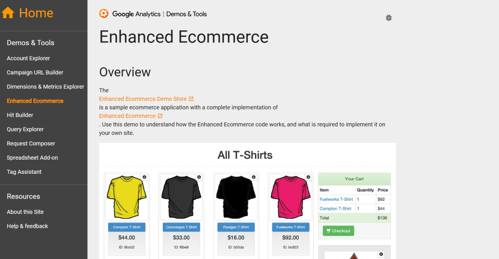 Screenshot of the Enhanced Ecommerce Demo Store page from Google Analytics, showcasing an interface with various T-shirt options and a shopping cart summary.