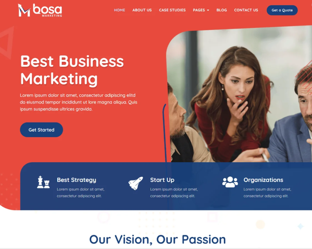 A screenshot of a marketing agency's website homepage with a "Best Business Marketing" header, featuring navigation links, a call-to-action button, and a banner image with people in a meeting.
