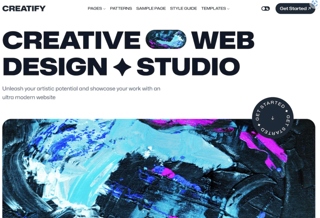 Screenshot of a web design studio's homepage featuring a bold header with the words "CREATIVE DESIGN WEB STUDIO" and an abstract blue and purple painting background.
