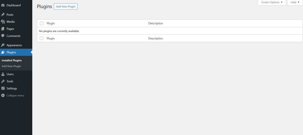 Screenshot of a WordPress admin dashboard focused on the Plugins section, displaying a message that no plugins are currently available.